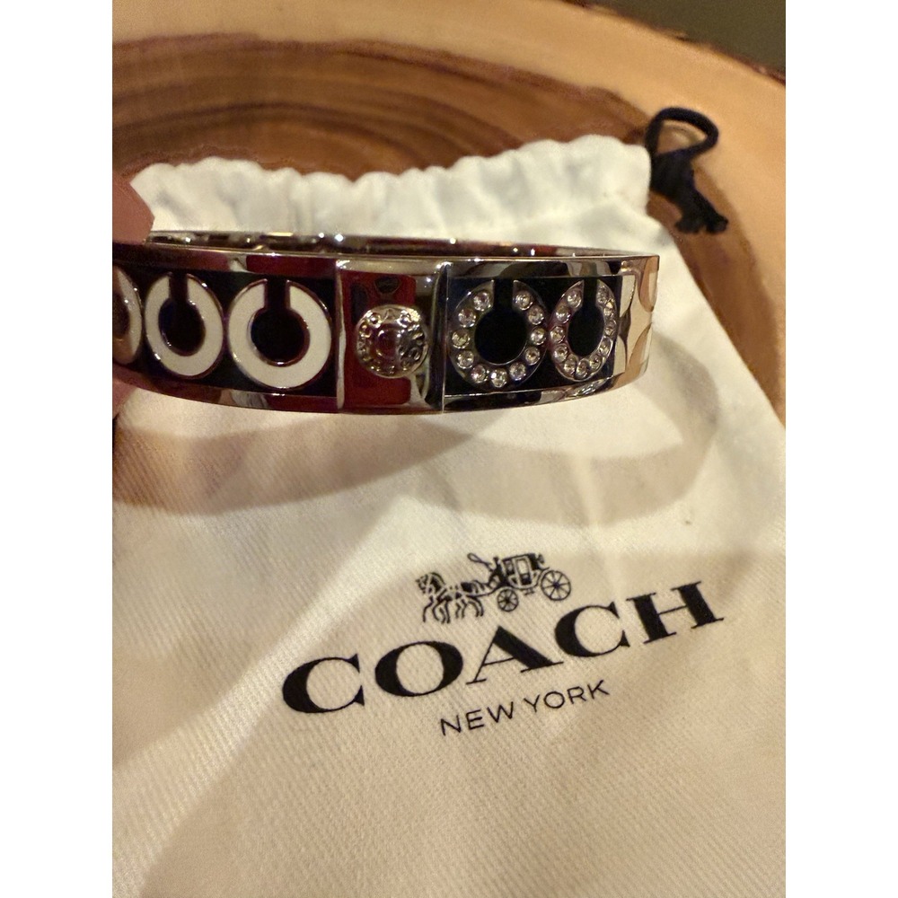 Coach Monogram Signature C Silver Black White Crystal Bangle Bracelet